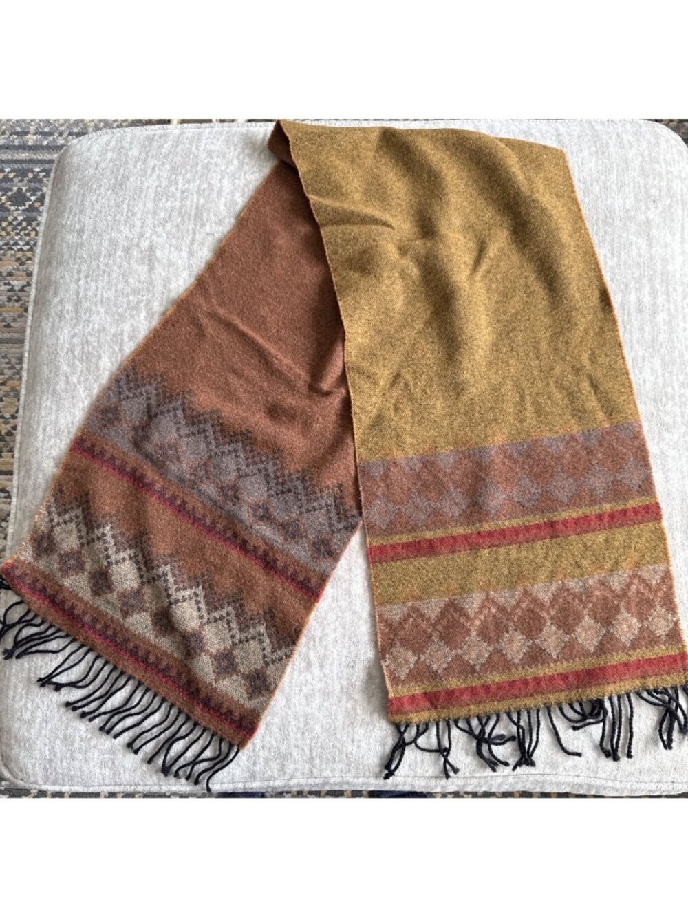 Crunchy Earthy Aztec Geometric Pattern Wool Scarf Reversible Orange Yellow